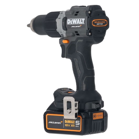 DEWALT cordless drill with 18V XR battery and brushless motor, black and orange color, upright view.