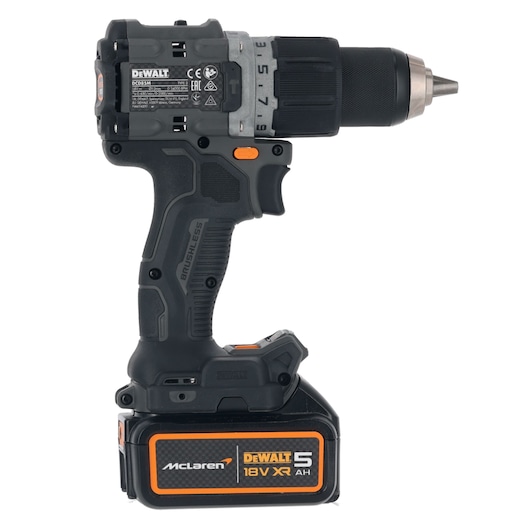 DEWALT cordless drill with 18V XR battery, shown in a side view, black with orange details.