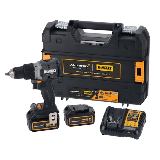 DEWALT drill kit with case, two batteries, and charger, branded with McLaren and DEWALT logos.