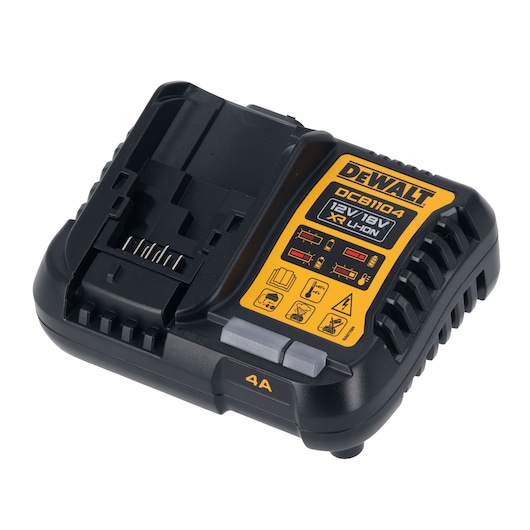 DEWALT DCB1104 charger for 12V/18V XR Li-Ion batteries, black and yellow, with indicator panel.