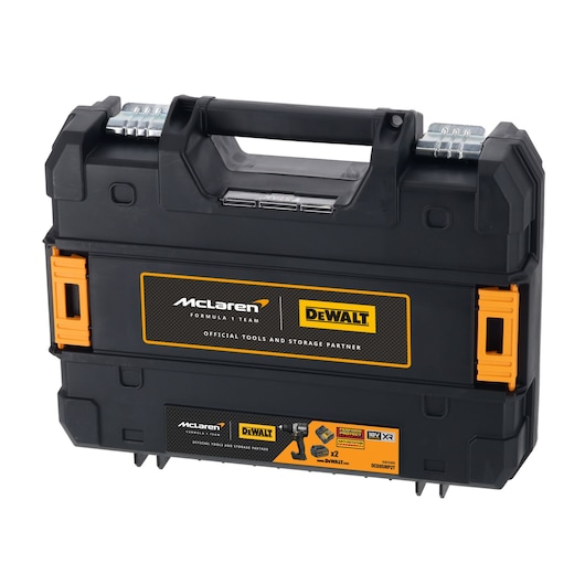 DEWALT black tool case with McLaren branding and orange latches, shown closed with handle on top.