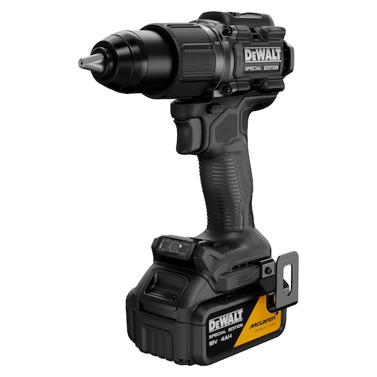DEWALT Special Edition cordless drill with 18V battery and McLaren branding, shown upright on white background.