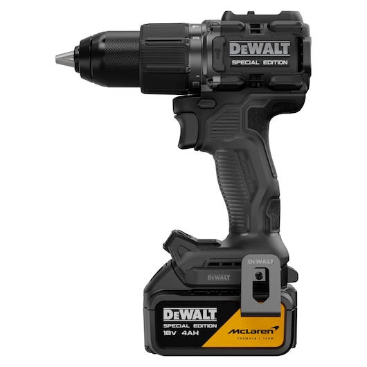 DEWALT Special Edition cordless drill with 18V 4Ah battery, McLaren branding, black and yellow design.
