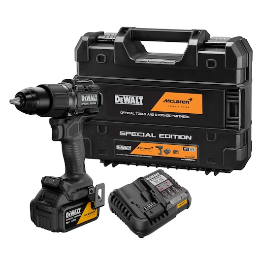DEWALT McLaren special edition drill set with carrying case and charger, black and orange design.