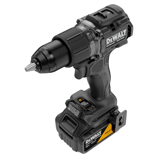 Cordless DEWALT drill with battery pack, black and yellow, labeled Special Edition, shown at an angle.