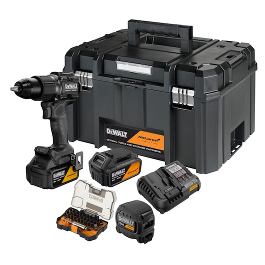 DEWALT tool kit with drill, storage case, charger, batteries, and bit set, branded with McLaren partnership.