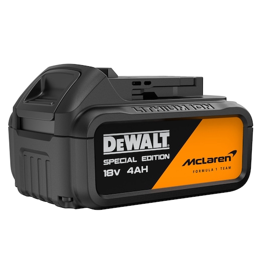 DEWALT 18V 4Ah lithium-ion battery, Special Edition with McLaren Formula 1 Team branding, black and orange casing.