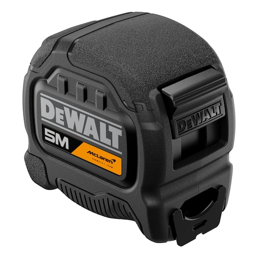DEWALT 5-meter tape measure with McLaren branding, black and yellow compact design.