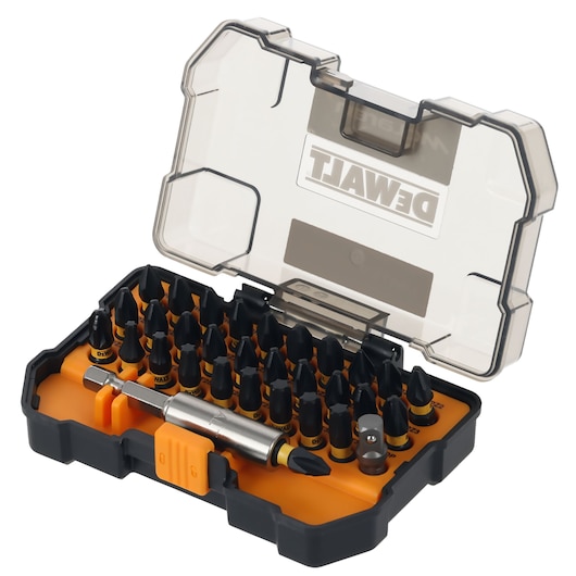DEWALT drill bit set in a transparent plastic case, featuring multiple black bits arranged in rows.