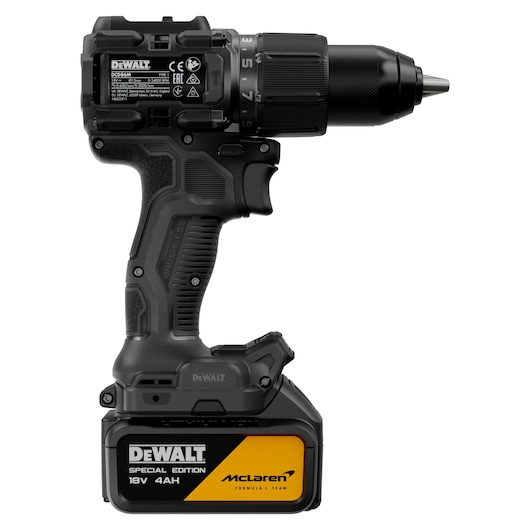 DEWALT x McLaren F1 Team 18V XR Special Edition Hammer Drill Driver with 4Ah battery rear side view