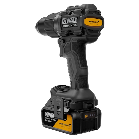 DEWALT Special Edition cordless drill with black and yellow accents and McLaren branding.