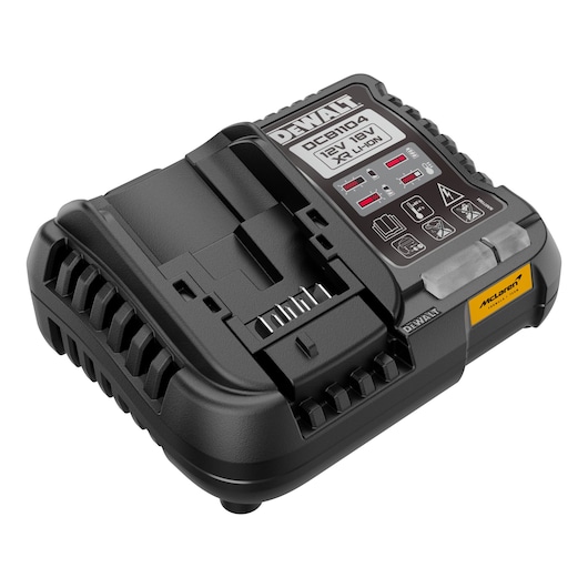 DEWALT lithium-ion battery charger with LED indicators and McLaren branding, shown on a white background.