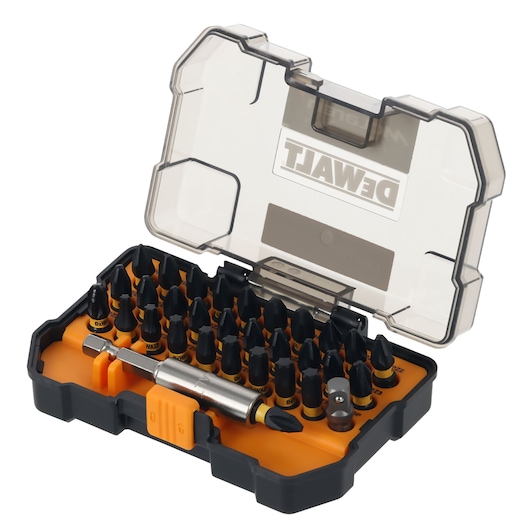 Open DEWALT case with various screwdriver bits organized inside on an orange tray.