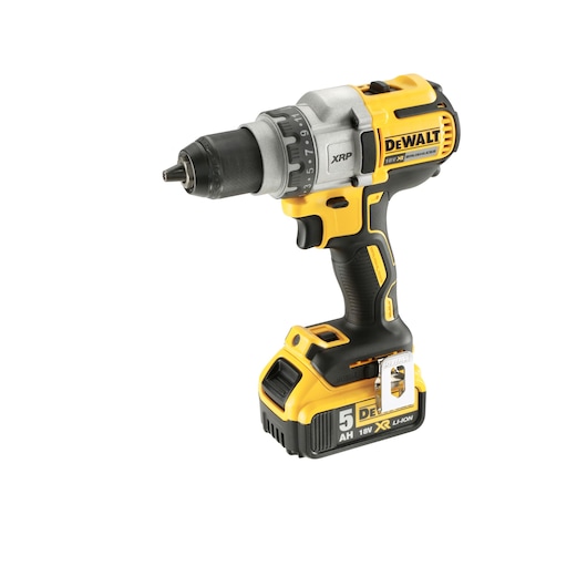 A DEWALT cordless power drill, model DCD991P2, with a yellow and black body and an 18V XR Li-Ion 5Ah battery attached.