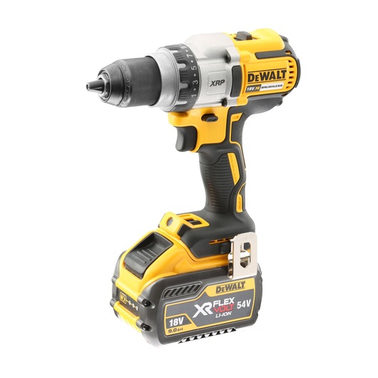 A DEWALT cordless power drill with a yellow and black design, featuring an 18V XR FLEXVOLT 54V Li-Ion battery and brushless motor.