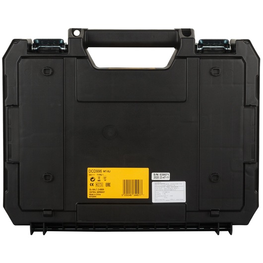 A black and rugged DEWALT carrying case for the DCD996NT tool, shown closed from the front. The case features a sturdy handle and metal clasps. There are two labels on the front, one yellow with product information, and another white label with additional details.
