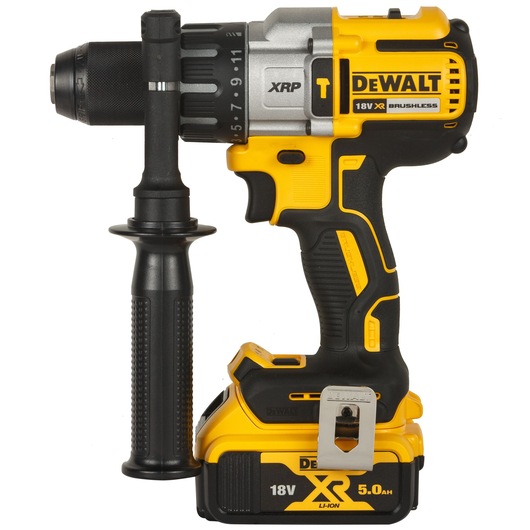 A DEWALT DCD996P1 18V XR brushless cordless drill with a side handle and 5.0Ah lithium-ion battery.