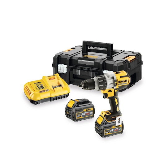 A DEWALT cordless power drill set including a yellow and black drill, two rechargeable batteries, a battery charger, and a sturdy black carrying case with a handle.