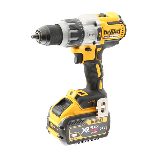 A DEWALT cordless power drill, model DCD996T2, featuring an XR FLEXVOLT 54V lithium-ion battery. The drill is yellow and black with a metal chuck and ergonomic grip.
