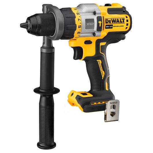 A DEWALT 18V XR brushless cordless drill with a side handle and a metal belt clip, shown in yellow and black.