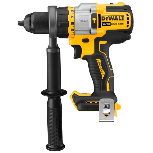 A DeWalt 18V XR brushless cordless drill with side handle shown on a white background.