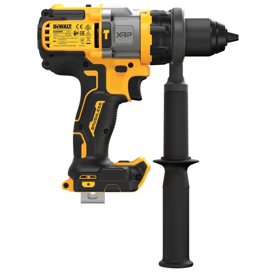 Cordless brushless power drill with side handle, yellow and black DEWALT DCD999NT model.