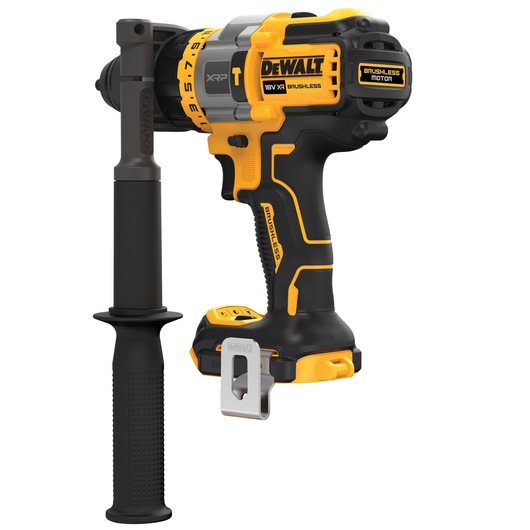 A DEWALT 18V XR Brushless cordless drill driver with auxiliary grip handle, shown in black and yellow color, featuring a brushless motor and compact design.