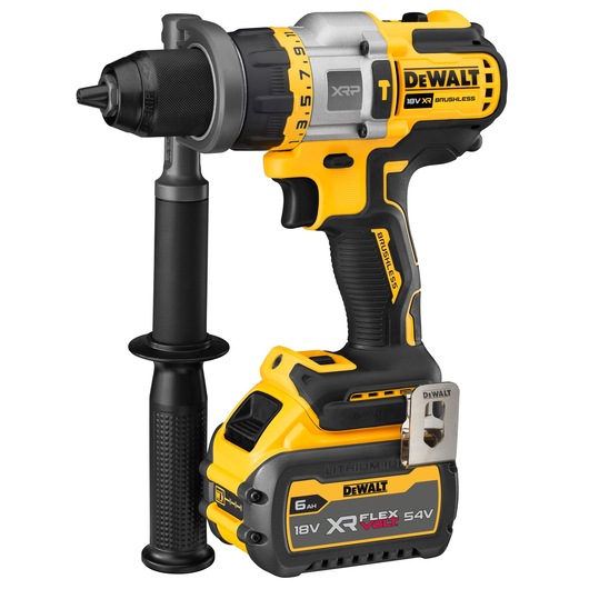 DEWALT cordless drill DCD999T1 with side handle and XR FLEXVOLT 18V/54V battery.