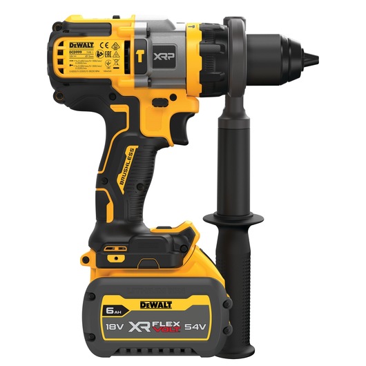 DEWALT DCD999T1 cordless drill with 18V XR FlexVolt battery and side handle, yellow and black design.