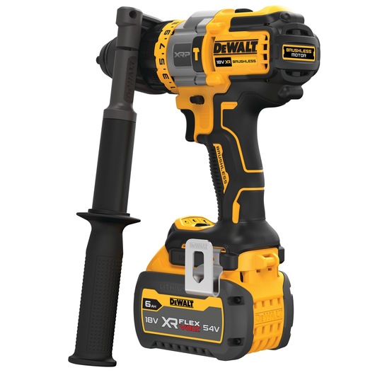 DEWALT cordless brushless drill with auxiliary handle and XR FlexVolt lithium battery, model DCD999T1.