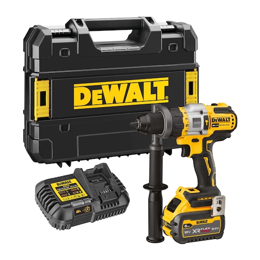 DEWALT cordless drill kit with case, battery, and charger displayed together.