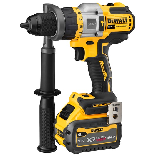 A DEWALT cordless power drill with a brushless motor, shown with an ergonomic side handle, a large battery pack labeled 18V XR FLEXVOLT 54V, and a yellow and black color scheme.