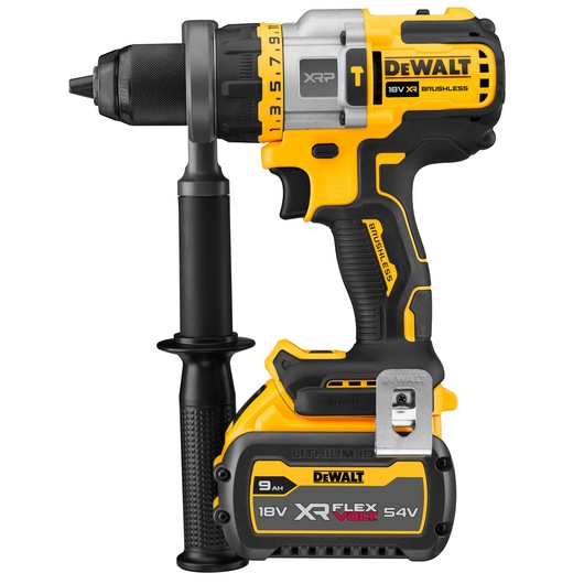 A DEWALT cordless drill with a yellow and black design, featuring an 18V XR brushless motor and a detachable side handle. The drill includes a large 9Ah XR FlexVolt 54V lithium-ion battery.