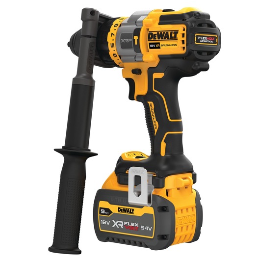 A DEWALT cordless power drill with a side handle and a large 18V XR FLEXVOLT 54V lithium-ion battery pack, shown in yellow and black color scheme.