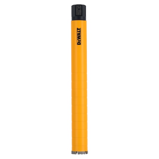 Yellow cylindrical DEWALT tool component with black cap, shown vertically on a white background.