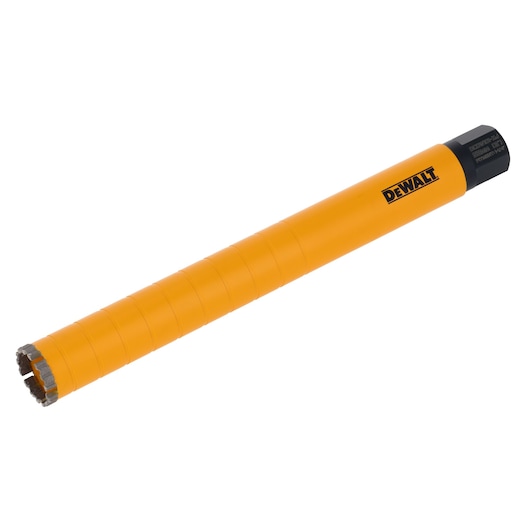 Yellow DEWALT cylindrical core drill bit with metal cutting edge, isolated on a white background.