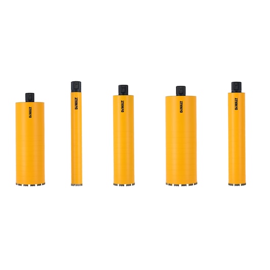 Five yellow DEWALT drill bits with black tops, shown upright against a white background.