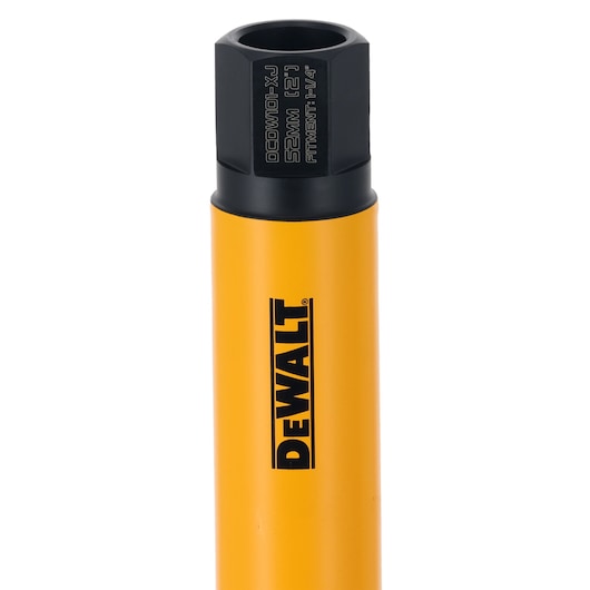 Yellow DEWALT tool attachment with black hex head, labelled for 52mm fitment and 1-1/4 inch size.