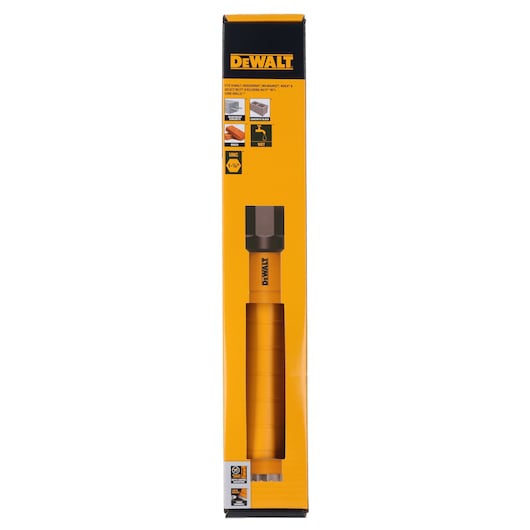 DEWALT DCDW101 packaged core drill bit in a tall yellow box with product details and usage icons visible.