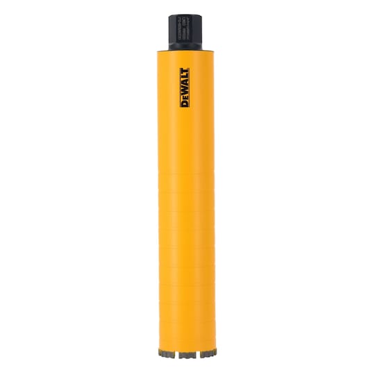 DEWALT yellow cylindrical core drill bit with black connector, upright on white background.