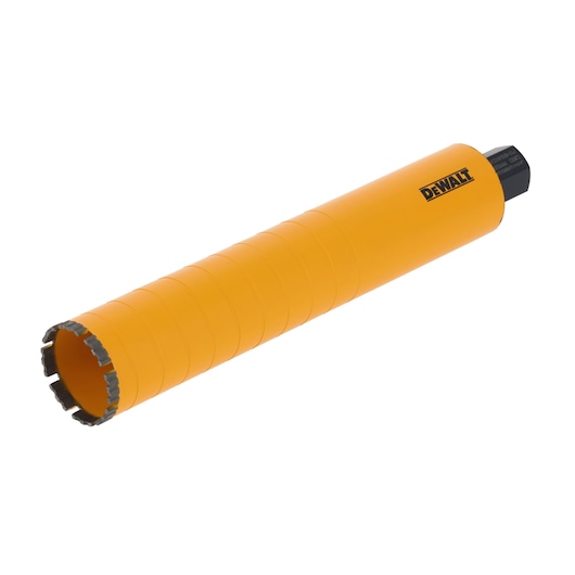 Yellow cylindrical DEWALT core drill bit with segmented cutting edge and hexagonal connector, used for drilling.