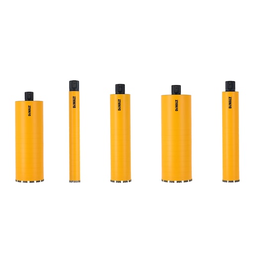 Five yellow DEWALT drill bits with black tops, arranged upright in a row against a white background.