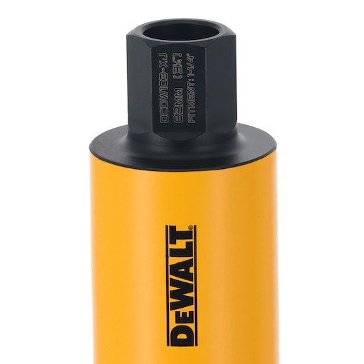 DEWALT cylindrical tool with black fitting, yellow body, and product labeling near top.
