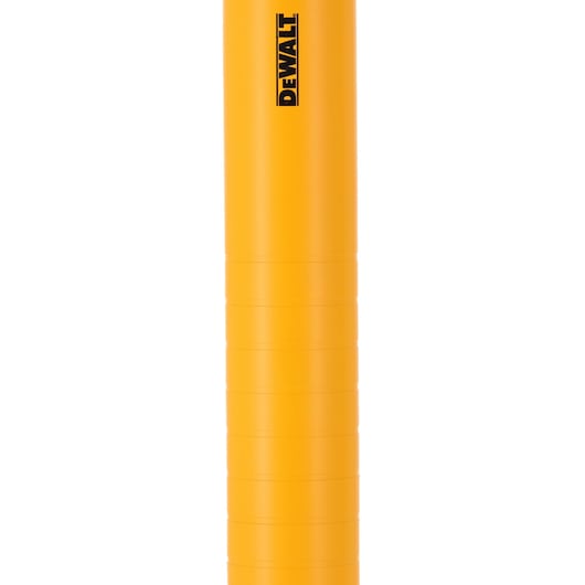 Yellow cylindrical DEWALT container with vertical logo, used for tool or accessory storage.