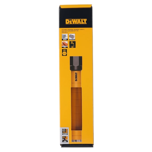 DEWALT packaging showing a core drill bit for masonry and concrete, with product details and images on the box.