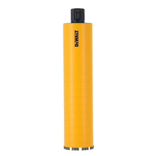 Yellow cylindrical DEWALT core drill bit with a black top and logo, standing vertically against white background.