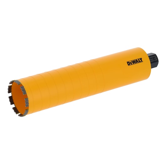 Yellow DEWALT cylindrical core drill bit with segment tips for drilling concrete or masonry.