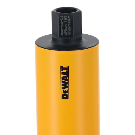 Close-up of a DEWALT cylindrical tool, yellow body with black fitting, shown vertically.