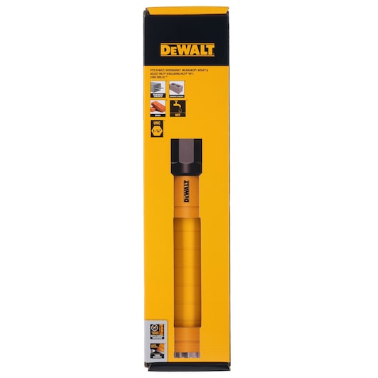 DEWALT DCDW104 core drill bit packaging, vertical box with yellow and black colors and product images.