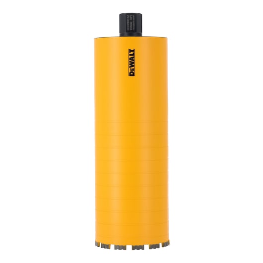 Yellow DEWALT cylindrical drill bit for core drilling, shown upright against white background.